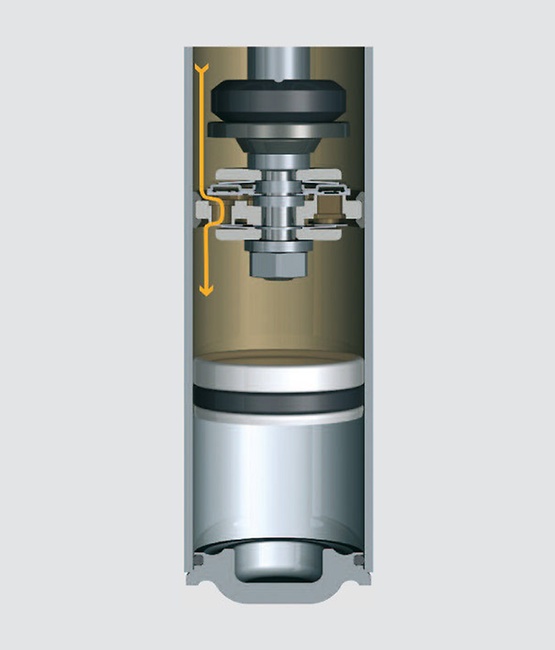 Ilustración de la etapa de rebote del amortiguador monotubo SACHS