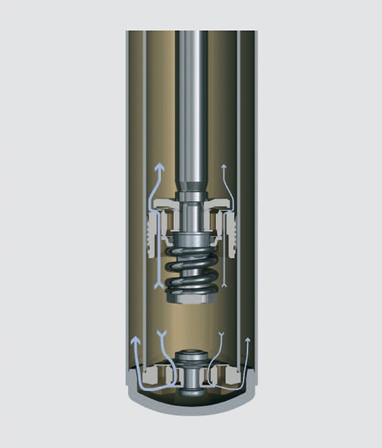 Ilustración de la etapa de compresión del amortiguador bitubo SACHS