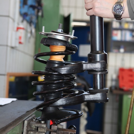 Compress the suspension spring using a spring tensioner