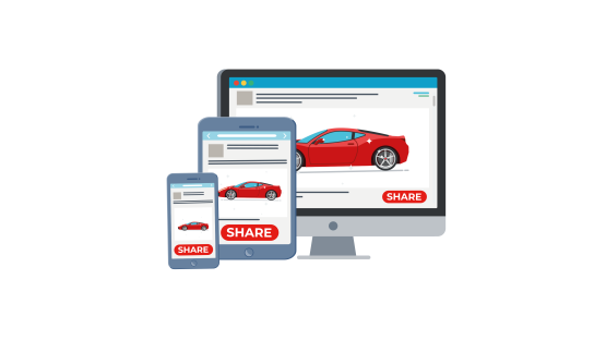 Farklı çevrimiçi platformlarda bir araba tanıtım kampanyasının illüstrasyonu: Mobil, tablet ve destkop